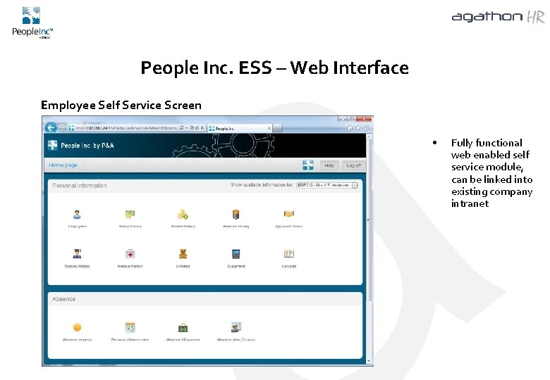 People Inc. ESS – Web Interface Employee Self Service Screen • Fully functional web