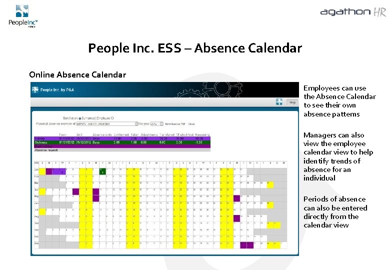 People Inc. ESS – Absence Calendar Online Absence Calendar Employees can use the Absence