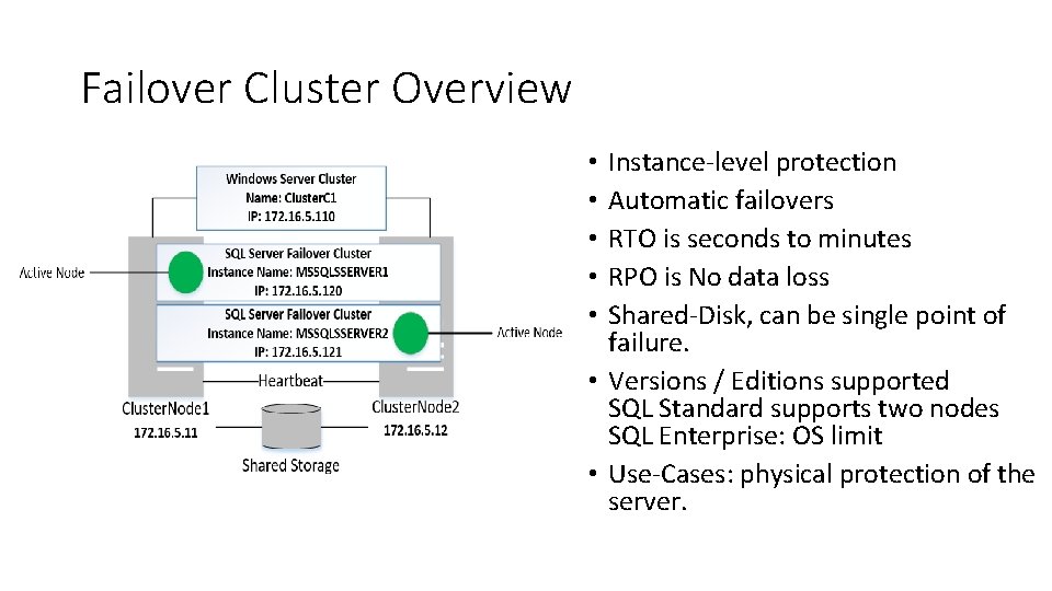Failover Cluster Overview Instance-level protection Automatic failovers RTO is seconds to minutes RPO is