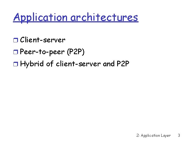 Application architectures Client-server Peer-to-peer (P 2 P) Hybrid of client-server and P 2 P