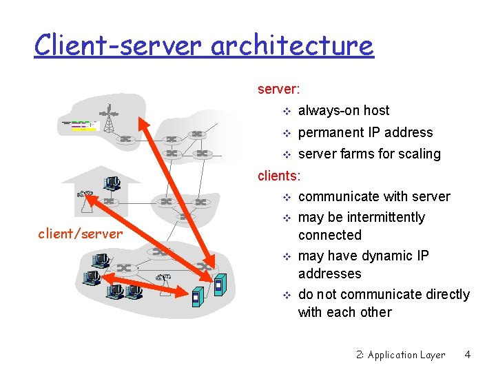 Client-server architecture server: always-on host permanent IP address server farms for scaling clients: client/server