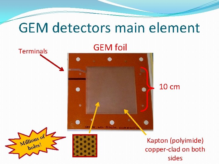 GEM detectors main element Terminals GEM foil 10 cm of s n io Mill