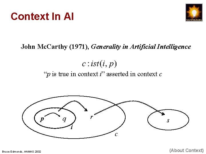 Context In AI John Mc. Carthy (1971), Generality in Artificial Intelligence “p is true