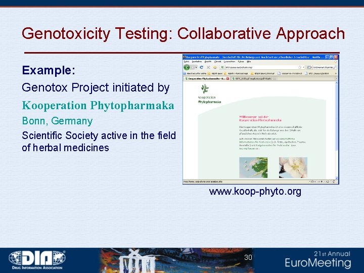 Genotoxicity Testing: Collaborative Approach Example: Genotox Project initiated by Kooperation Phytopharmaka Bonn, Germany Scientific
