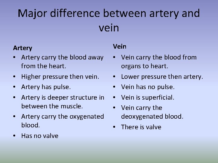 Major difference between artery and vein Artery • Artery carry the blood away from