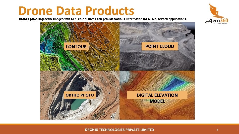 Drone Data Products Drones providing aerial Images with GPS co-ordinates can provide various information