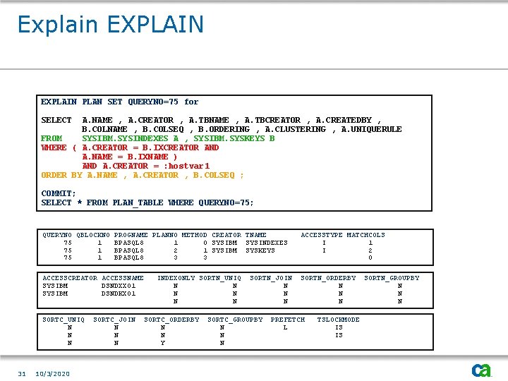 Explain EXPLAIN PLAN SET QUERYNO=75 for SELECT A. NAME , A. CREATOR , A.