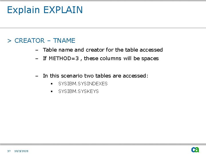 Explain EXPLAIN > CREATOR – TNAME – Table name and creator for the table