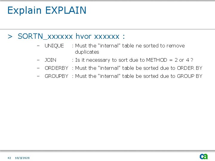 Explain EXPLAIN > SORTN_xxxxxx hvor xxxxxx : 42 10/3/2020 – UNIQUE : Must the