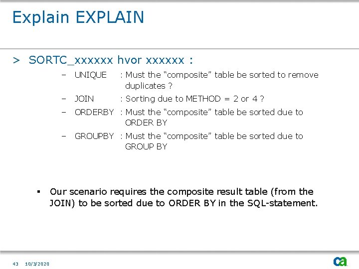 Explain EXPLAIN > SORTC_xxxxxx hvor xxxxxx : § 43 10/3/2020 – UNIQUE : Must