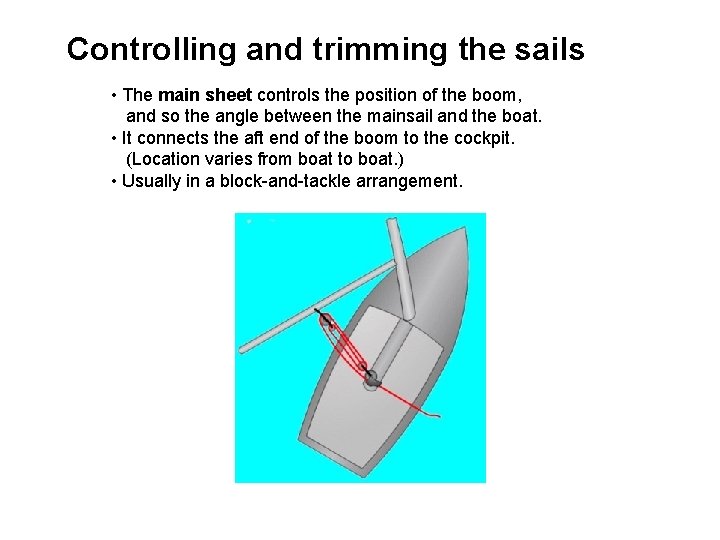 Controlling and trimming the sails • The main sheet controls the position of the