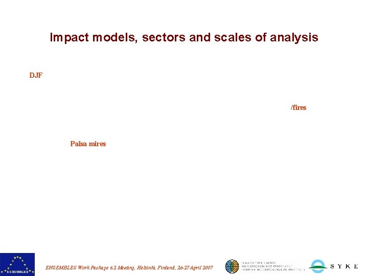 Impact models, sectors and scales of analysis DJF /fires Palsa mires ENSEMBLES Work Package