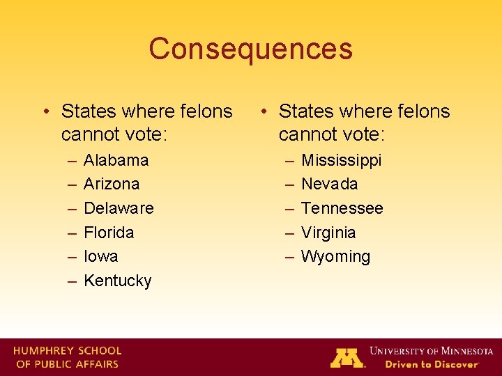 Consequences • States where felons cannot vote: – – – Alabama Arizona Delaware Florida