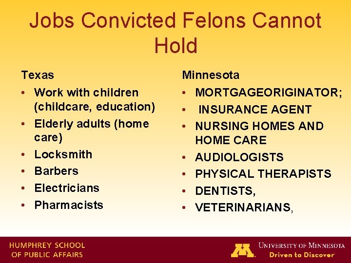 Jobs Convicted Felons Cannot Hold Texas Minnesota • Work with children (childcare, education) •