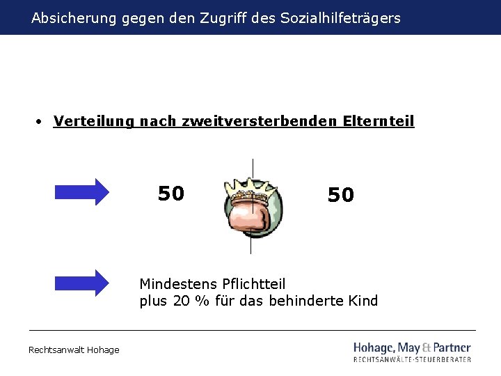 Absicherung gegen den Zugriff des Sozialhilfeträgers • Verteilung nach zweitversterbenden Elternteil 50 50 Mindestens