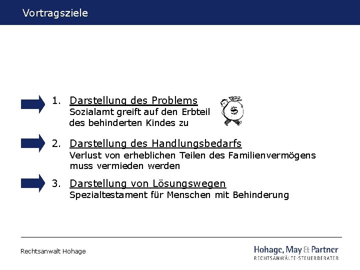 Vortragsziele Vortrag zum Behindertentestament 1. Darstellung des Problems Sozialamt greift auf den Erbteil des