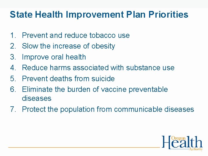 State Health Improvement Plan Priorities 1. 2. 3. 4. 5. 6. Prevent and reduce