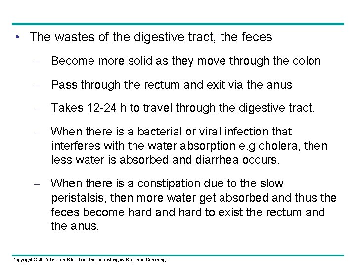  • The wastes of the digestive tract, the feces – Become more solid