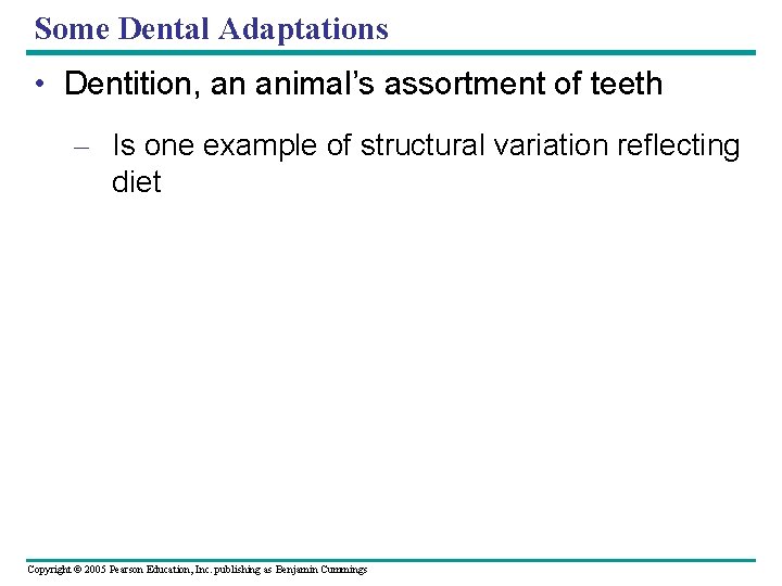Some Dental Adaptations • Dentition, an animal’s assortment of teeth – Is one example