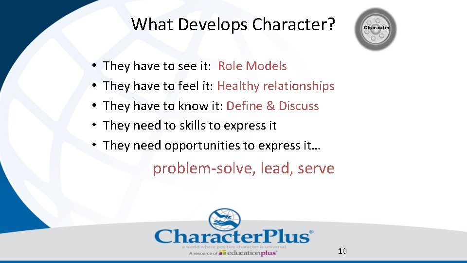 What Develops Character? • • • They have to see it: Role Models They