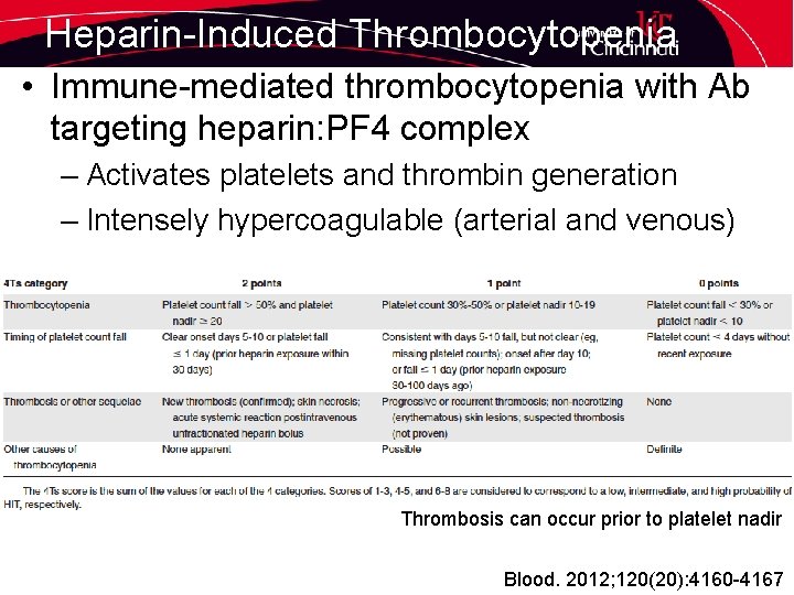 Heparin-Induced Thrombocytopenia • Immune-mediated thrombocytopenia with Ab targeting heparin: PF 4 complex – Activates