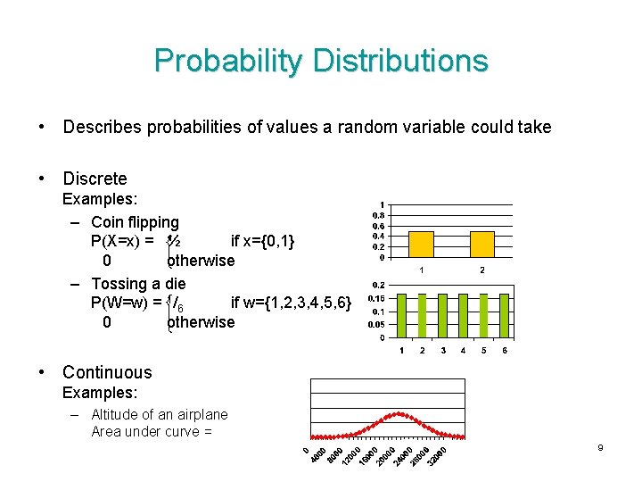 Probability Distributions • Describes probabilities of values a random variable could take • Discrete