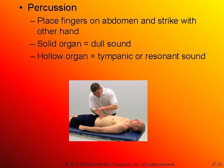  • Percussion – Place fingers on abdomen and strike with other hand –