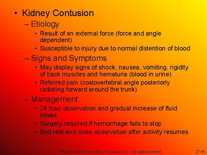  • Kidney Contusion – Etiology • Result of an external force (force and