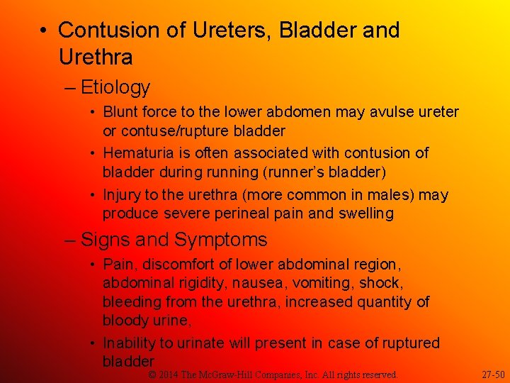  • Contusion of Ureters, Bladder and Urethra – Etiology • Blunt force to