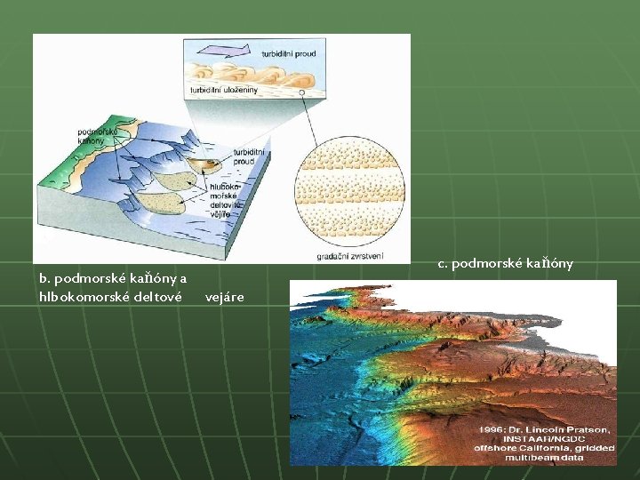 b. podmorské kaňóny a hlbokomorské deltové c. podmorské kaňóny vejáre 