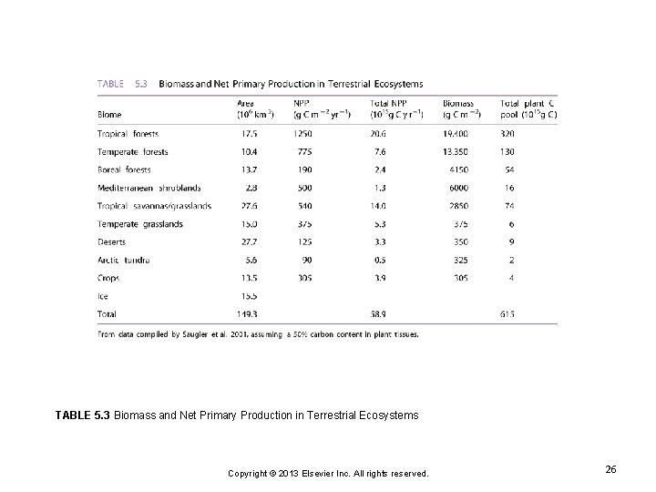 TABLE 5. 3 Biomass and Net Primary Production in Terrestrial Ecosystems Copyright © 2013