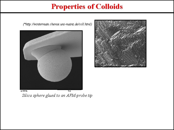 Properties of Colloids (*http: //wintermute. chemie. uni-mainz. de/coll. html) Silica sphere glued to an