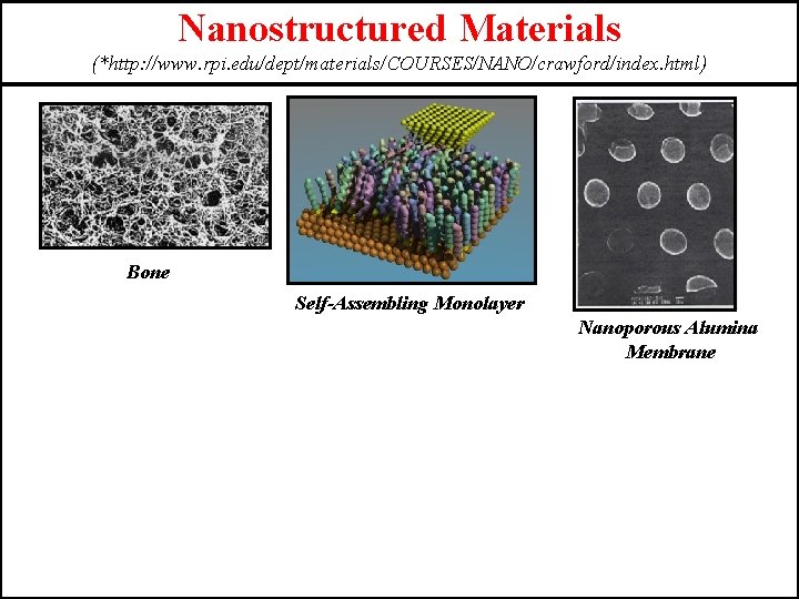 Nanostructured Materials (*http: //www. rpi. edu/dept/materials/COURSES/NANO/crawford/index. html) Bone Self-Assembling Monolayer Nanoporous Alumina Membrane 