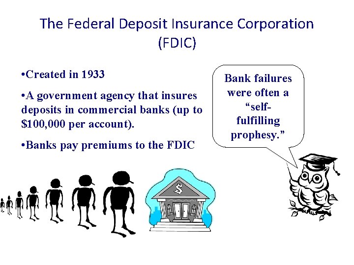 The Federal Deposit Insurance Corporation (FDIC) • Created in 1933 • A government agency