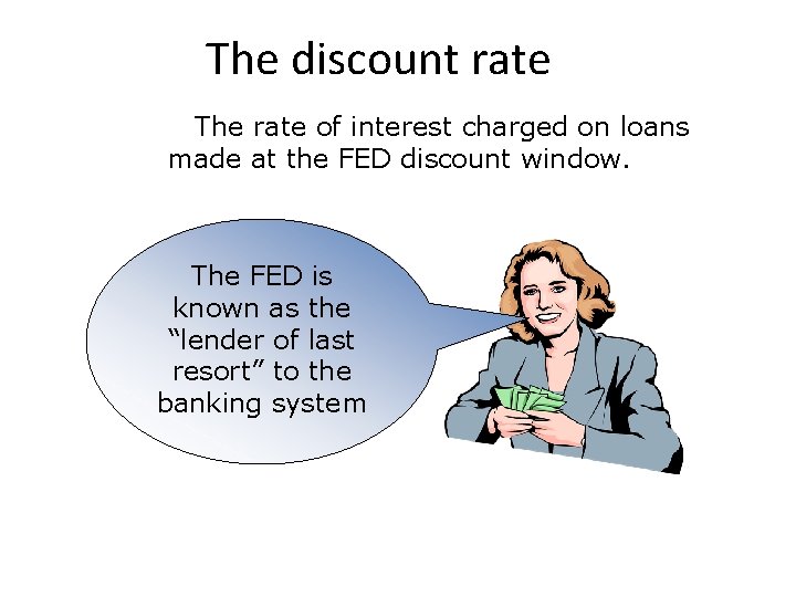 The discount rate The rate of interest charged on loans made at the FED