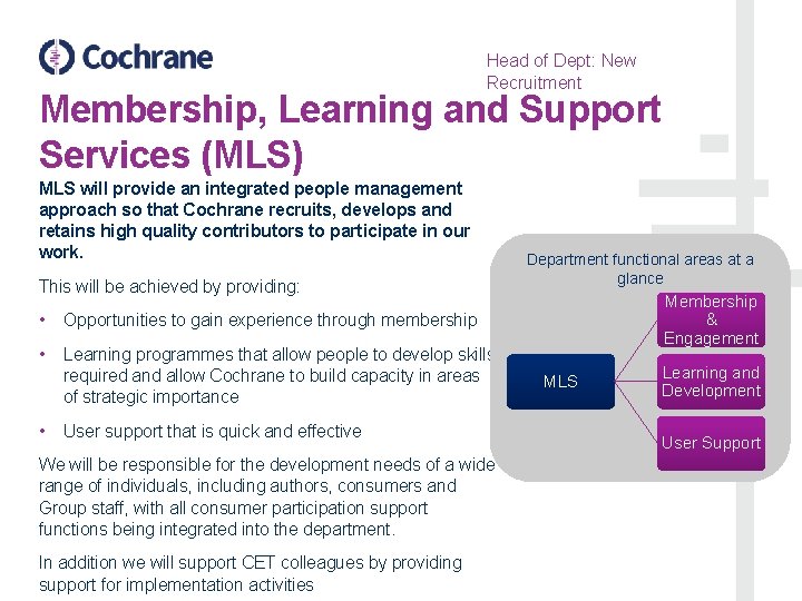 Head of Dept: New Recruitment Membership, Learning and Support Services (MLS) MLS will provide