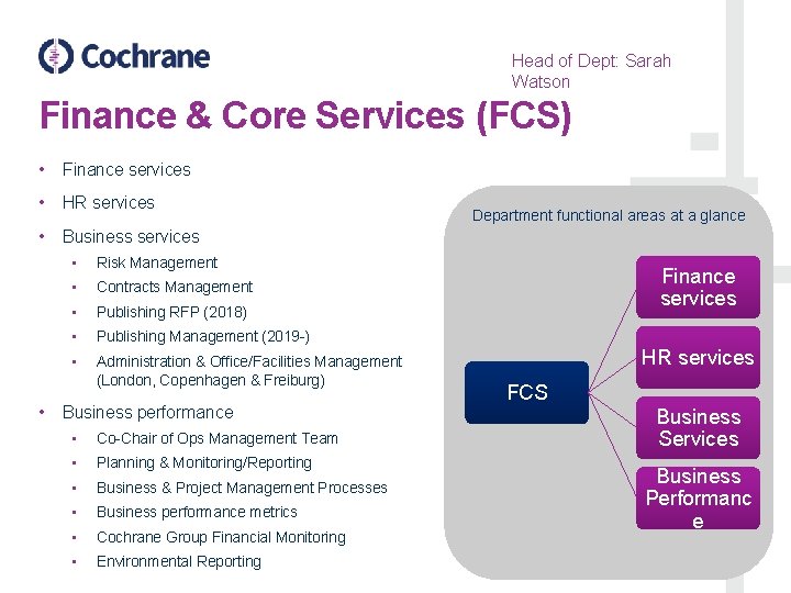 Head of Dept: Sarah Watson Finance & Core Services (FCS) • Finance services •
