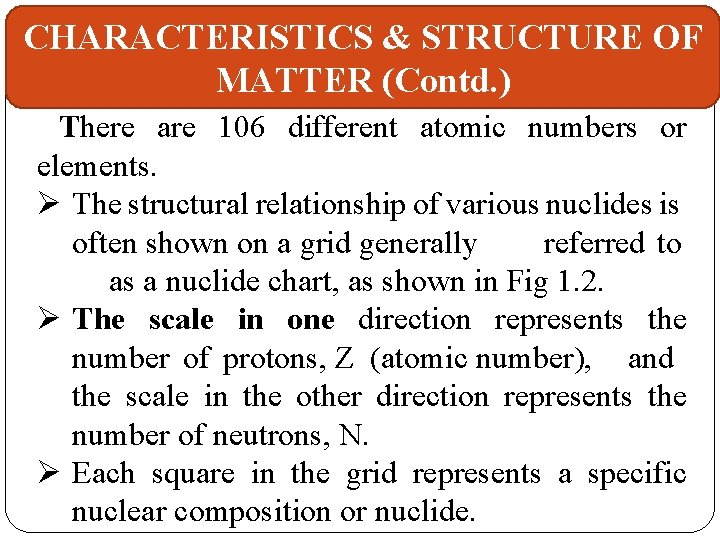 CHARACTERISTICS & STRUCTURE OF MATTER (Contd. ) There are 106 different atomic numbers or