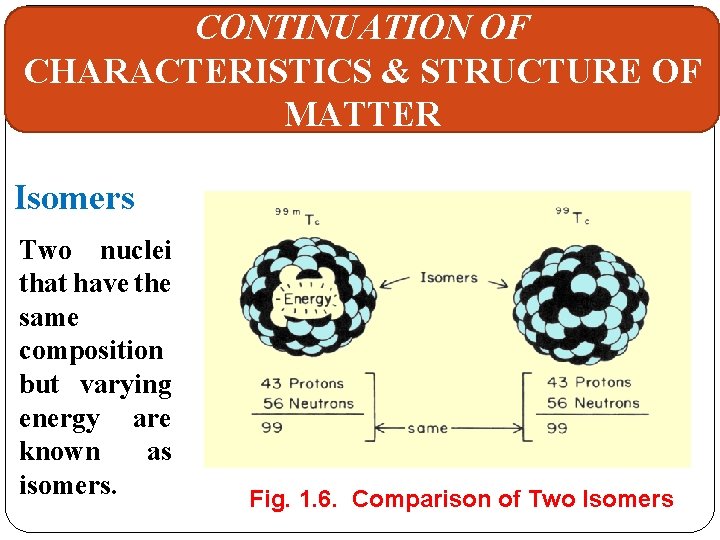 CONTINUATION OF CHARACTERISTICS & STRUCTURE OF MATTER Isomers Two nuclei that have the same