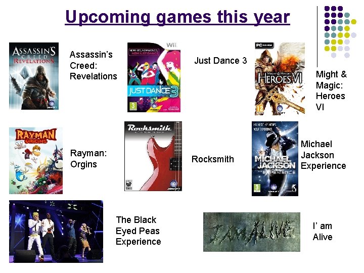 Upcoming games this year Assassin’s Creed: Revelations Rayman: Orgins Just Dance 3 Might &