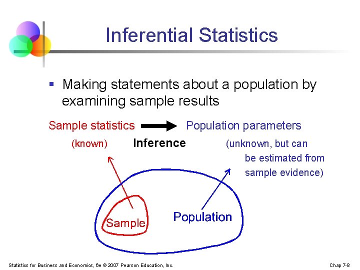 Inferential Statistics § Making statements about a population by examining sample results Sample statistics