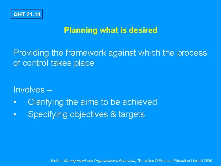 OHT 21. 14 Planning what is desired Providing the framework against which the process