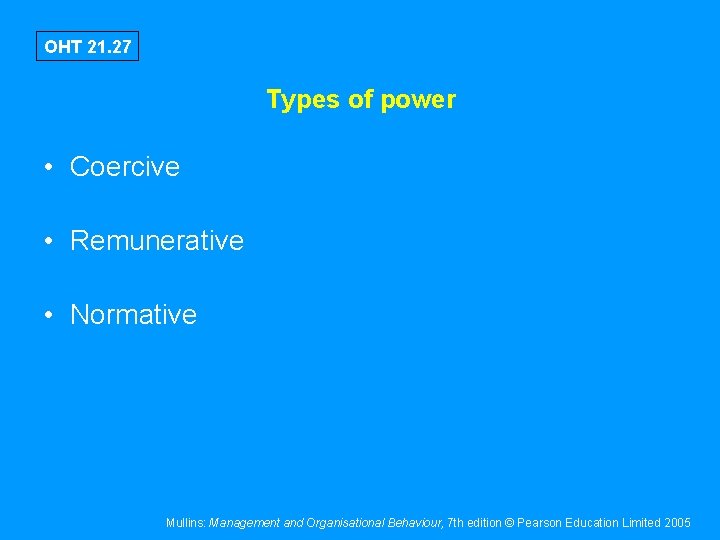 OHT 21. 27 Types of power • Coercive • Remunerative • Normative Mullins: Management