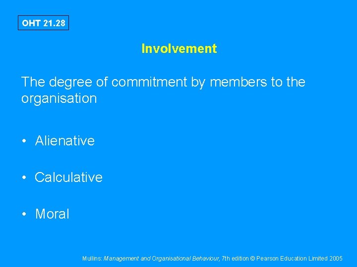 OHT 21. 28 Involvement The degree of commitment by members to the organisation •