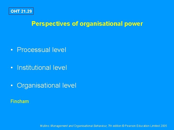OHT 21. 29 Perspectives of organisational power • Processual level • Institutional level •