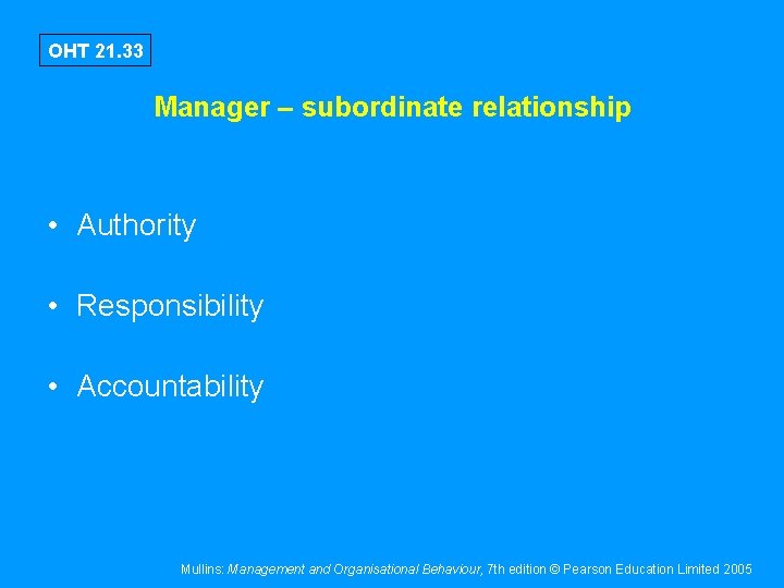 OHT 21. 33 Manager – subordinate relationship • Authority • Responsibility • Accountability Mullins: