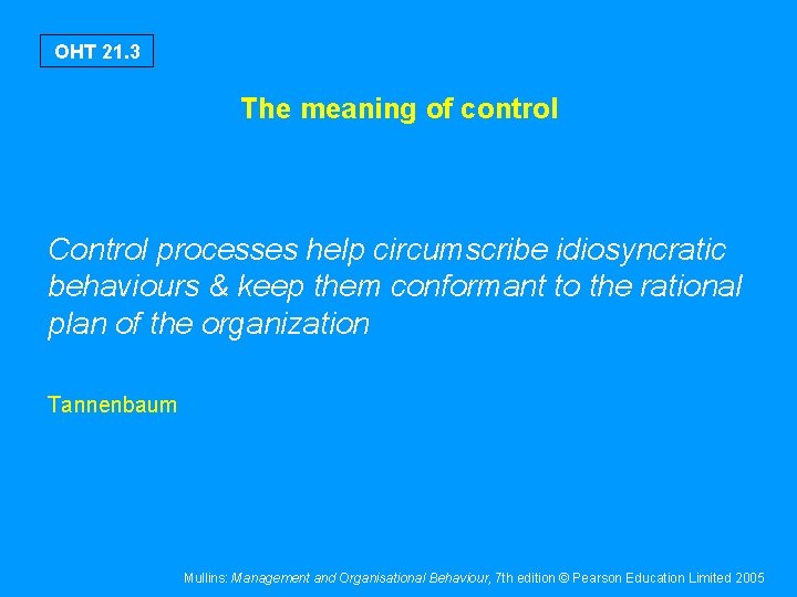 OHT 21. 3 The meaning of control Control processes help circumscribe idiosyncratic behaviours &
