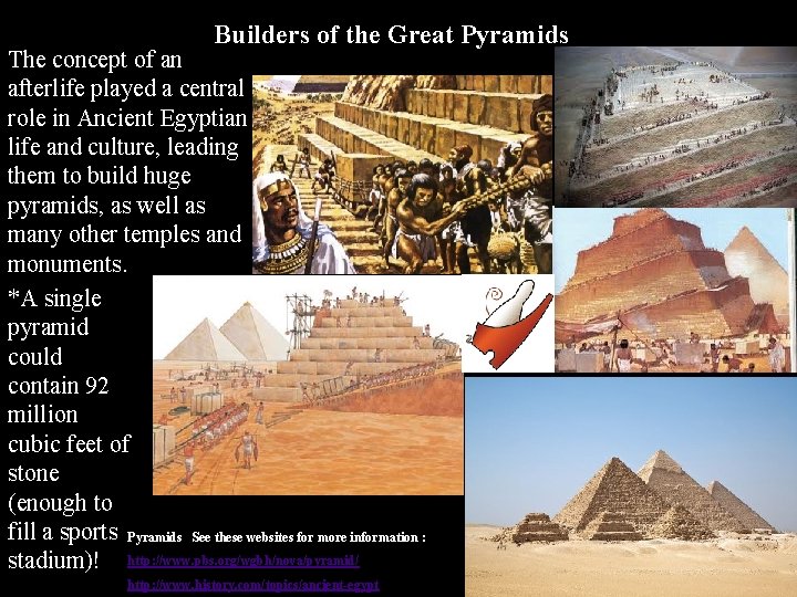 Builders of the Great Pyramids The concept of an afterlife played a central role