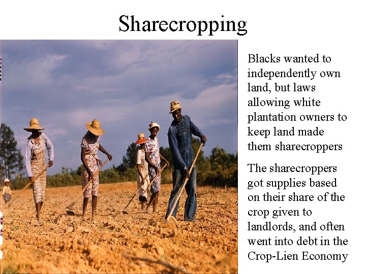 Sharecropping Blacks wanted to independently own land, but laws allowing white plantation owners to