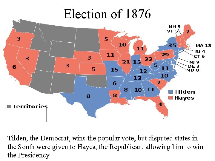 Election of 1876 Tilden, the Democrat, wins the popular vote, but disputed states in